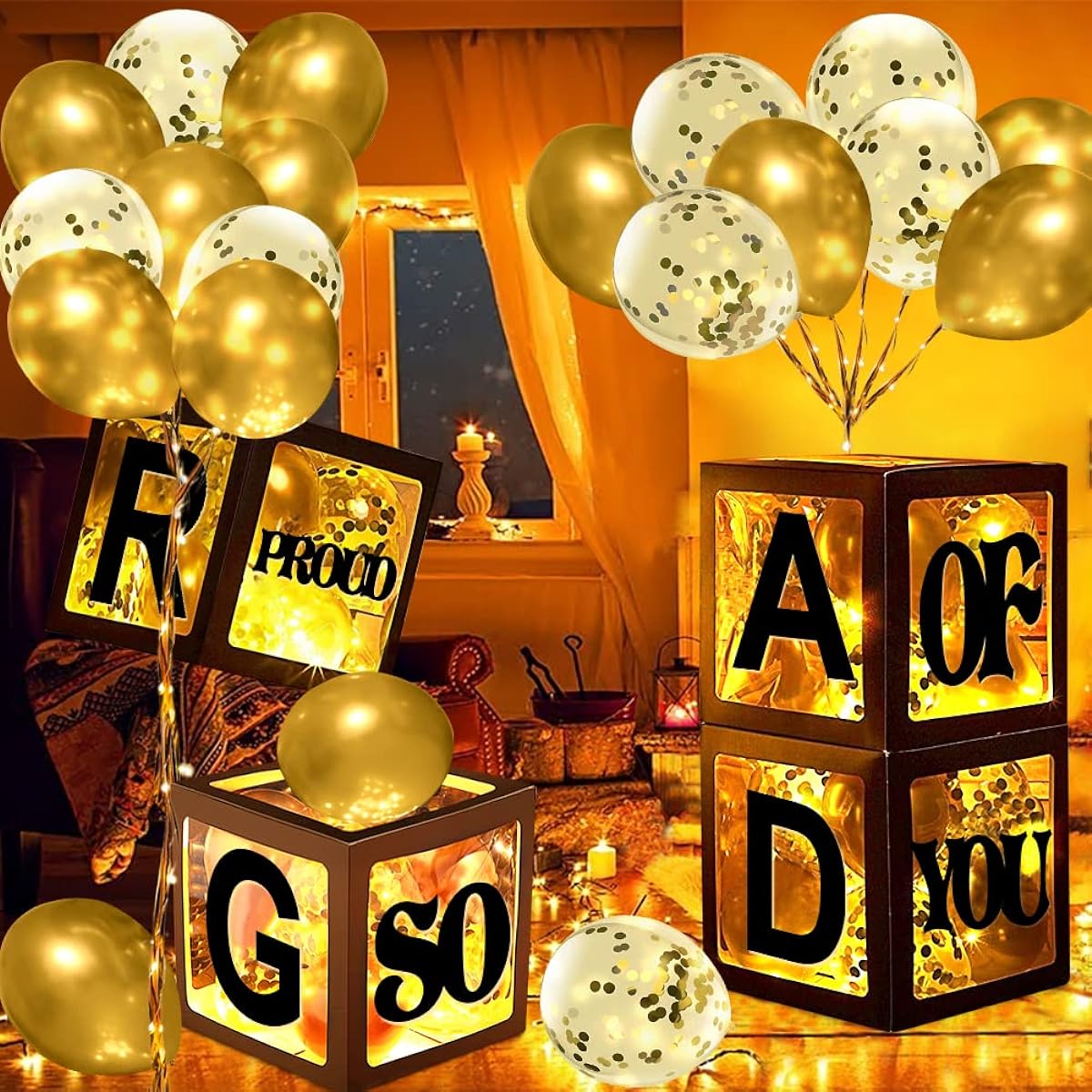2023 Graduation Party Decorations, 4 Grad Black Balloon Boxes - Congrats Grad We Are So Proud of You - 4 LED Light Strings + 16 Metallic Gold Confetti Balloons Decoration Kits & Supplies