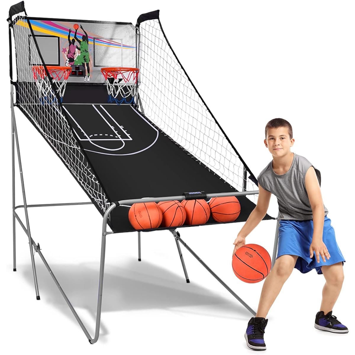 Goplus Dual Shot Basketball Arcade Game, Foldable Electronic Basketball Game Machine for 2 Players, 8 Game Options, LED Scoreboard, 4 Balls, Pump for Kids and Adults, Indoor/Outdoor Use