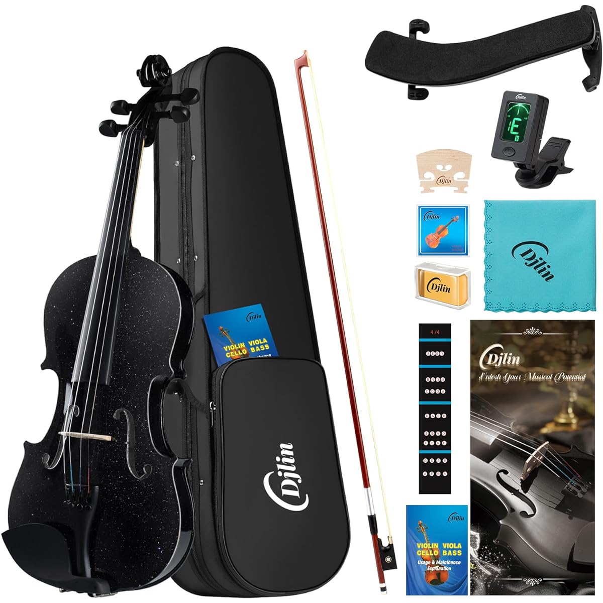 Djlin Black Violin Beginner Adult 4/4 Full Size Acoustic Violin Student Fiddle Accessories Hard Case, Violin Rosin, Violin Bow, Violin Strings, Violin Shoulder Rest