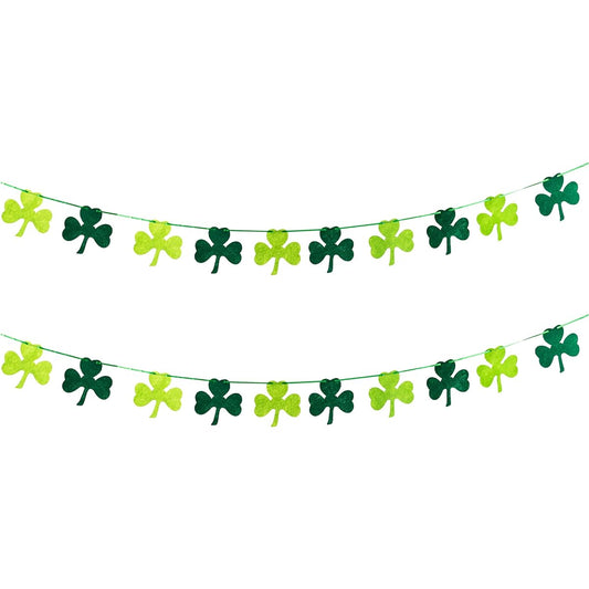 8ft Felt Green Shamrock Four Leaf Lucky Clover Garland Party Banner Irish St. Patrick's Day Decorations for Birthday Classroom (2 Pack)