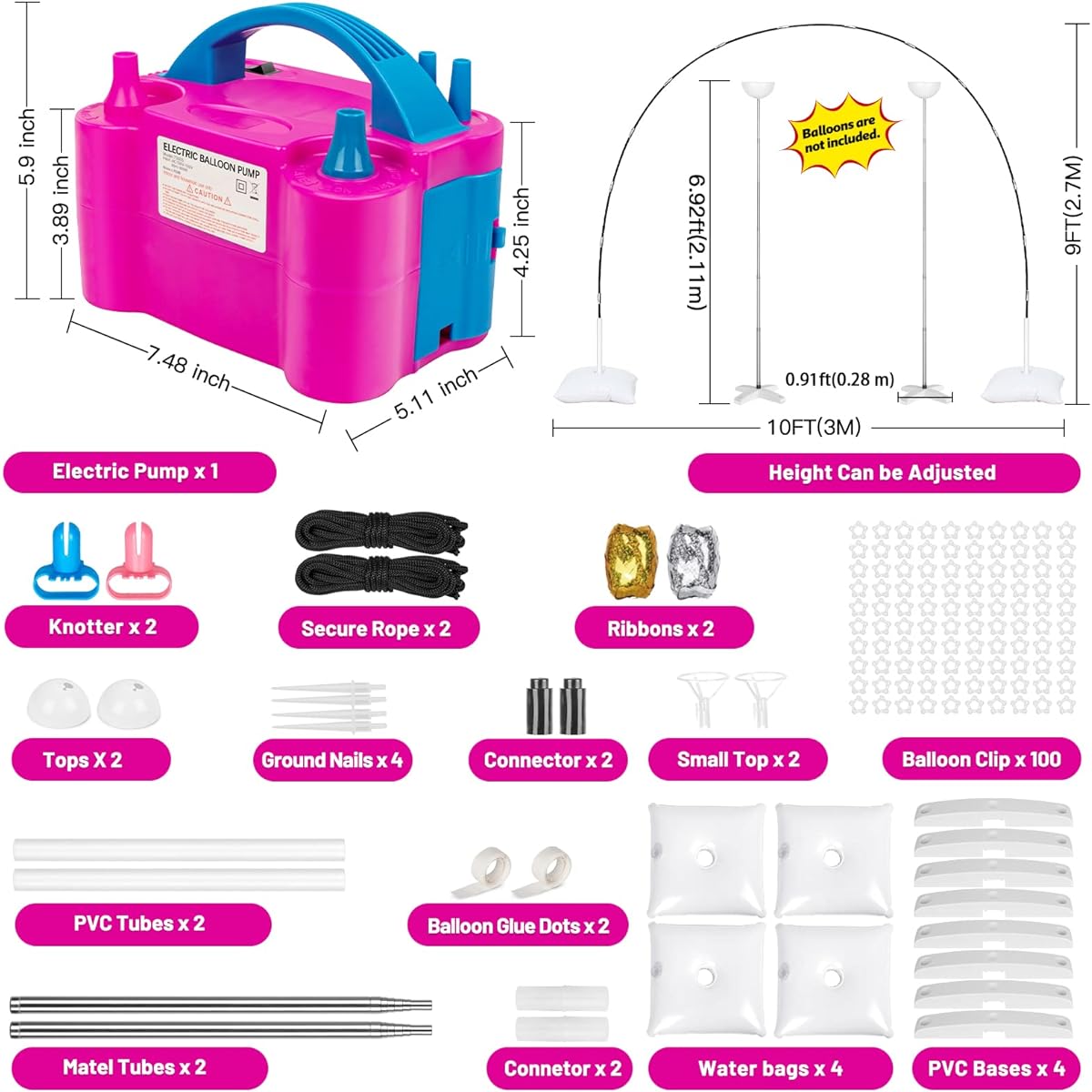 Balloon Arch Kit Metal Balloon Column Stand Balloon Pump Electric & Water Bag Adjustable Balloon Stand for Floor Balloon Kit Wedding Birthday Party Supplies Decoration