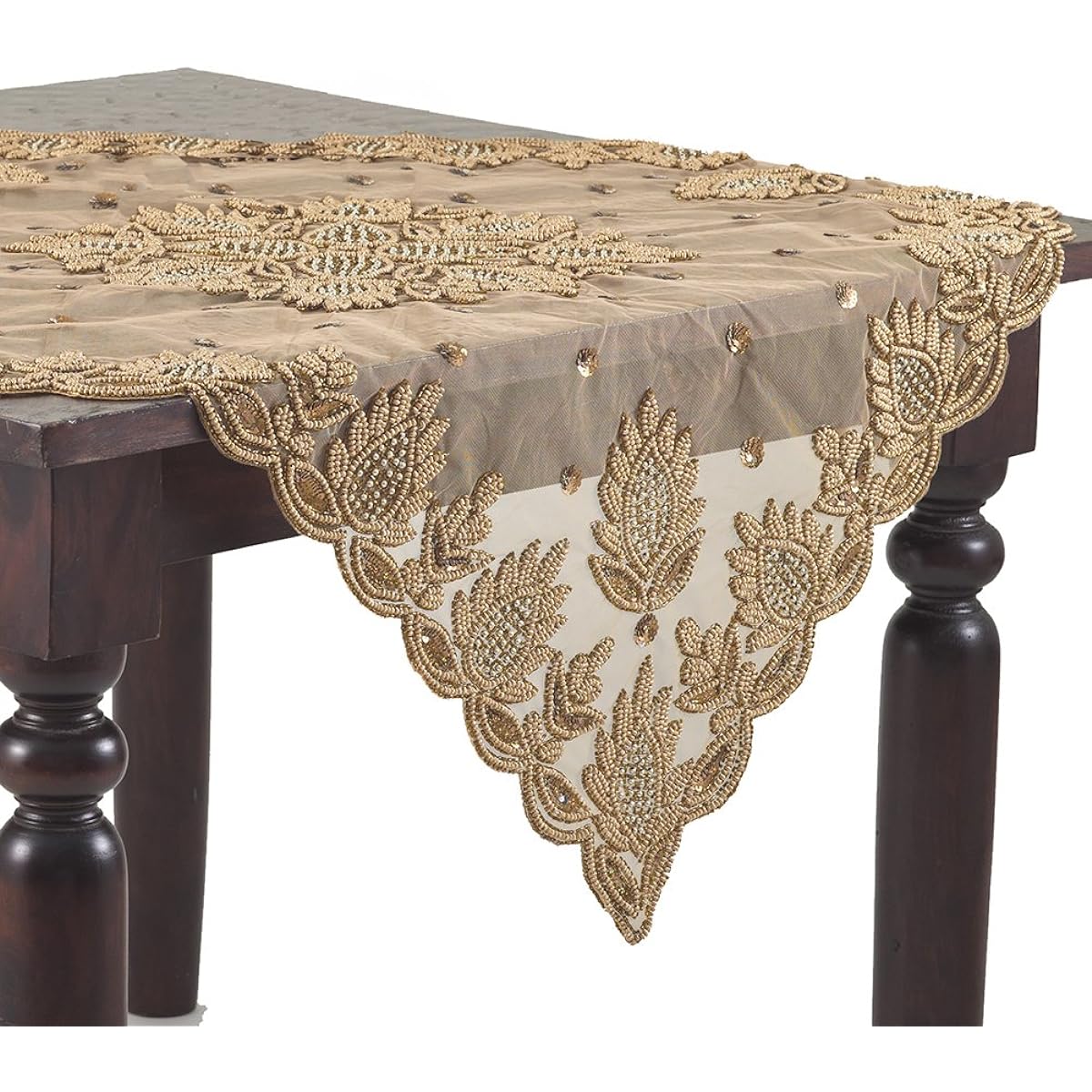 Hand Beaded Gold Tone Sheer Runner, Topper 40" Square Topper, Gold OGSTBD835.GL40S