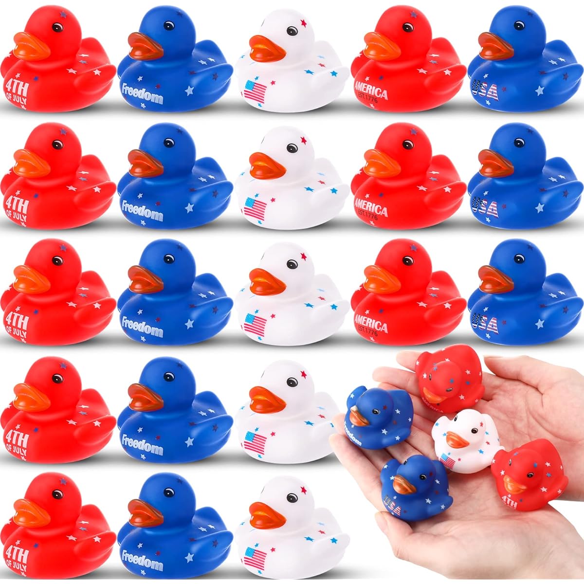 Sratte 50pcs 2" 4th of July Rubber Duck Red White Blue Mini Duck Bulk Star Patriotic Mini Rubber Ducky Small Bath Toy 4th of July Party Pool Game Party Independence Day Gift