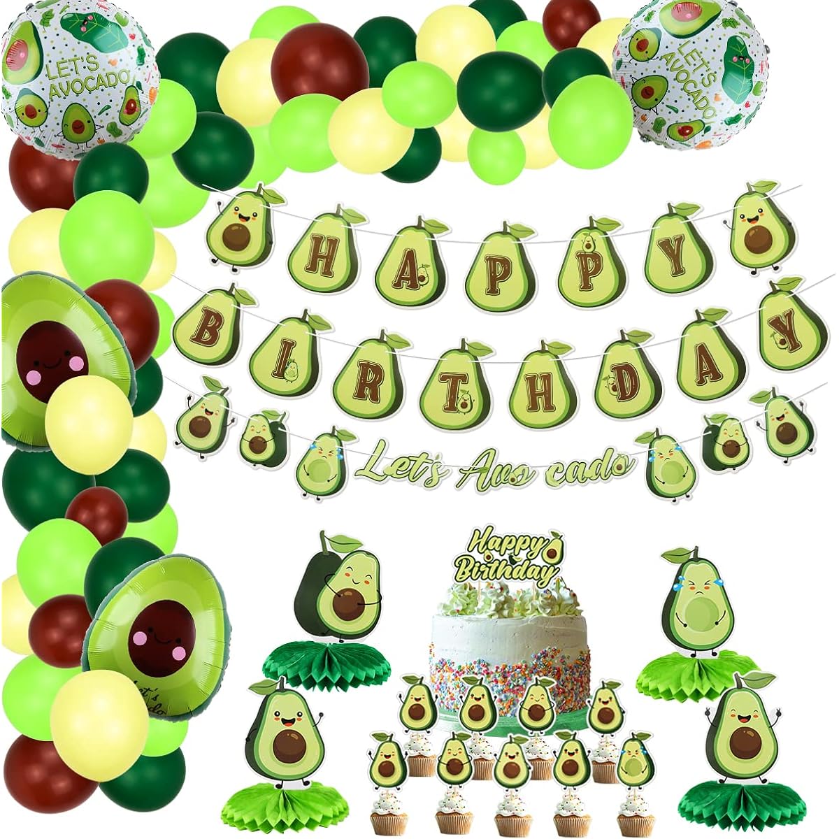 Fruit Avocado Party Decorations, Cute Avocado Theme Birthday Party Supplies for Boys and Girls, Happy Birthday Banner Cupcake Toppers Table Centerpieces 54 Pieces Balloons Garland Arch Kit