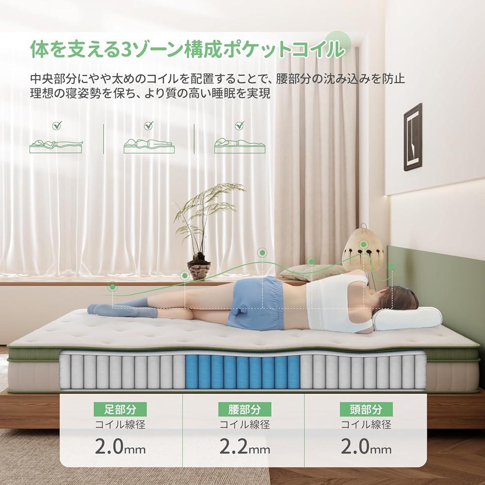Novilla Mattress Semi-double High resilience mattress 3-zone structure Pocket coil bed mattress Firmly firm Equipped with gel memory foam Thickness 20cm Body pressure distribution Breathability Compressed packaging Parallel arrangement High-density ureth