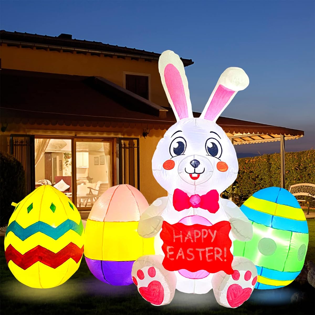 TOCZIM 6ft Easter Inflatable Outdoor Decorations Happy Easter Bunny with Eggs Explosion Garden Decoration Built-in LED Light Hug Bunny Sign Indoor Home Lawn Garden Holiday Party Cute Decor