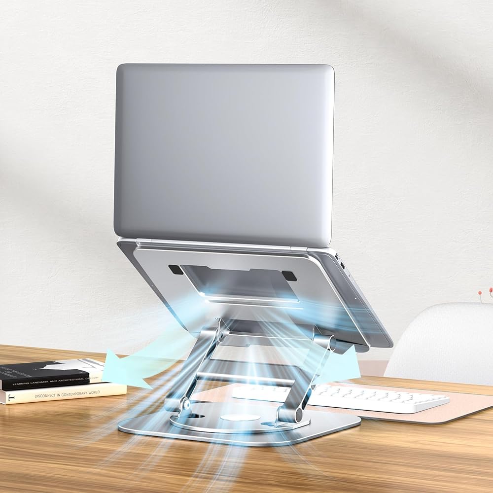 Reinforced Laptop Stand, PC Stand, Tablet Stand, Foldable, 360° Rotation, Stepless Angle/Height Adjustment, Ergonomics, Stability, Heat Dissipation, Improves Posture, Made of Aluminum Alloy, Compatible with 11-17.3 inches or smaller PS: For fixed locatio