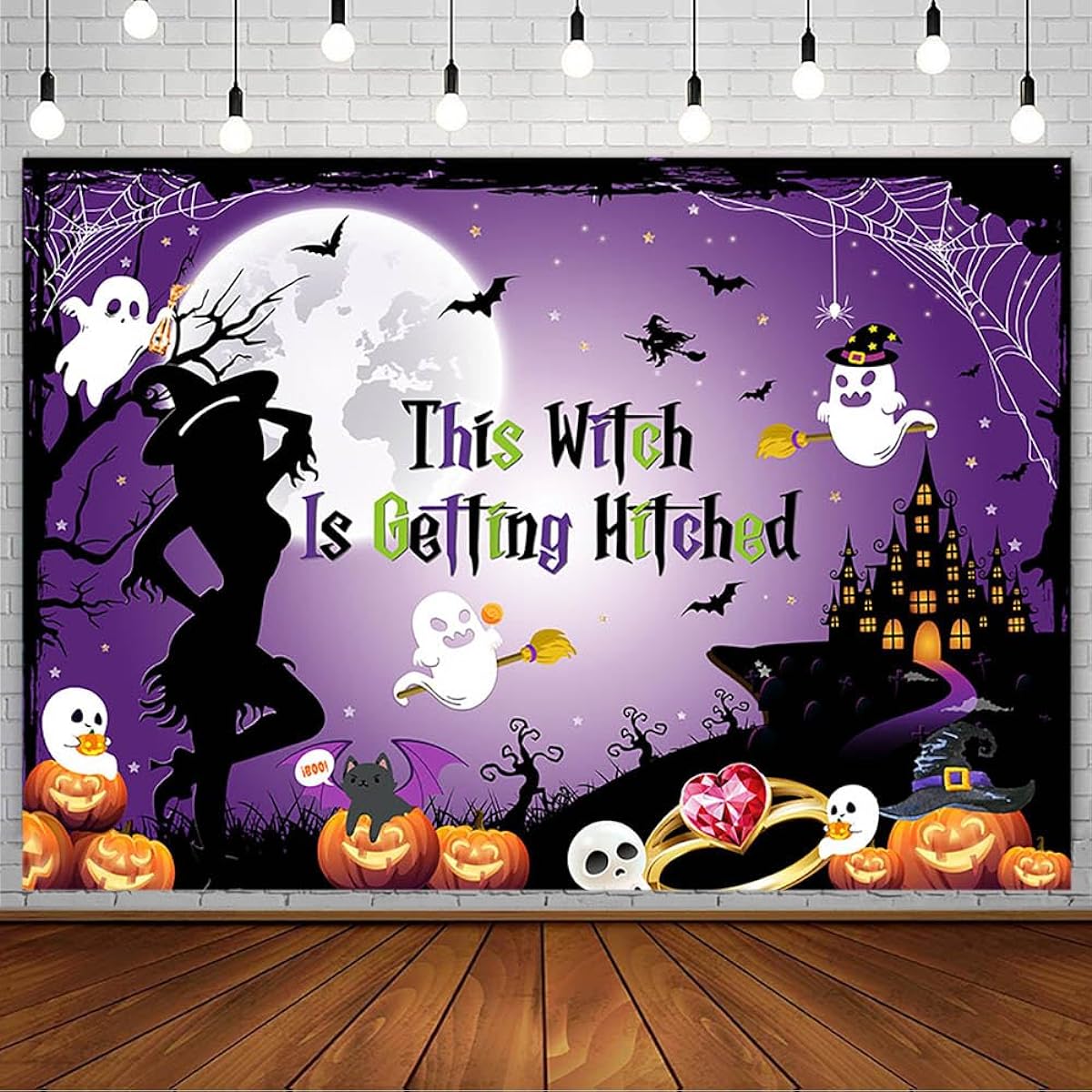 AIBIIN 7x5ft Halloween Bachelorette Party Backdrop This Witch Is Hitched Up Wedding Bridal Shower Party Decorations Boo Bats Ghosts Spooky Let's Go Ghouls Photography Background Banner Photo Props