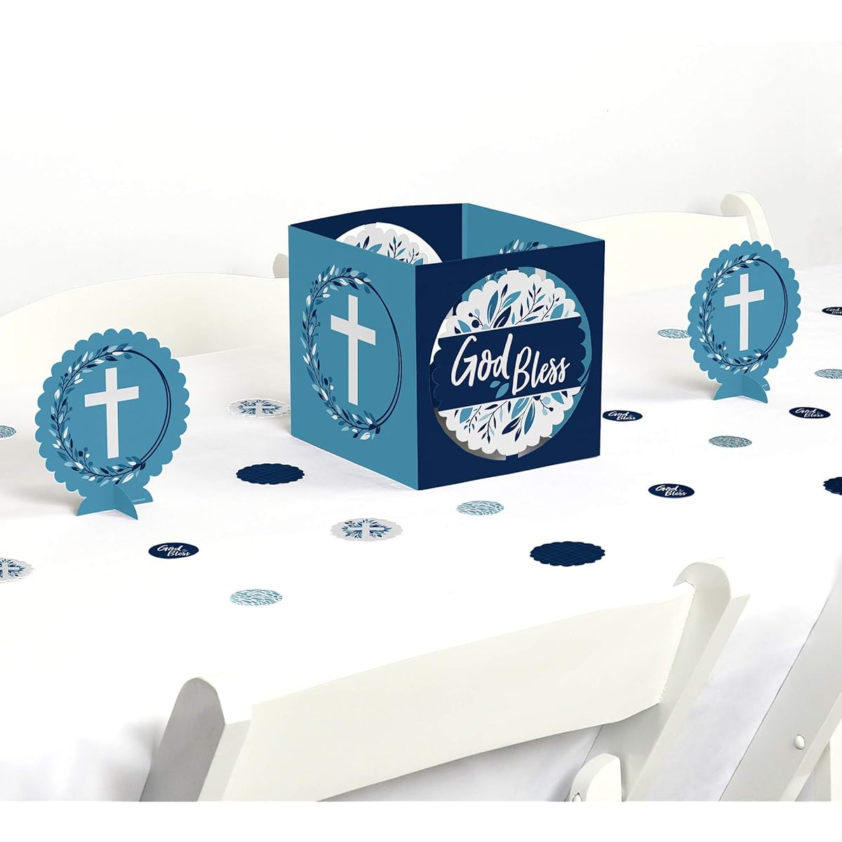Big Dot of Happiness Blue Elegant Cross - Boys Religious Party Centerpiece Table Decoration Kit