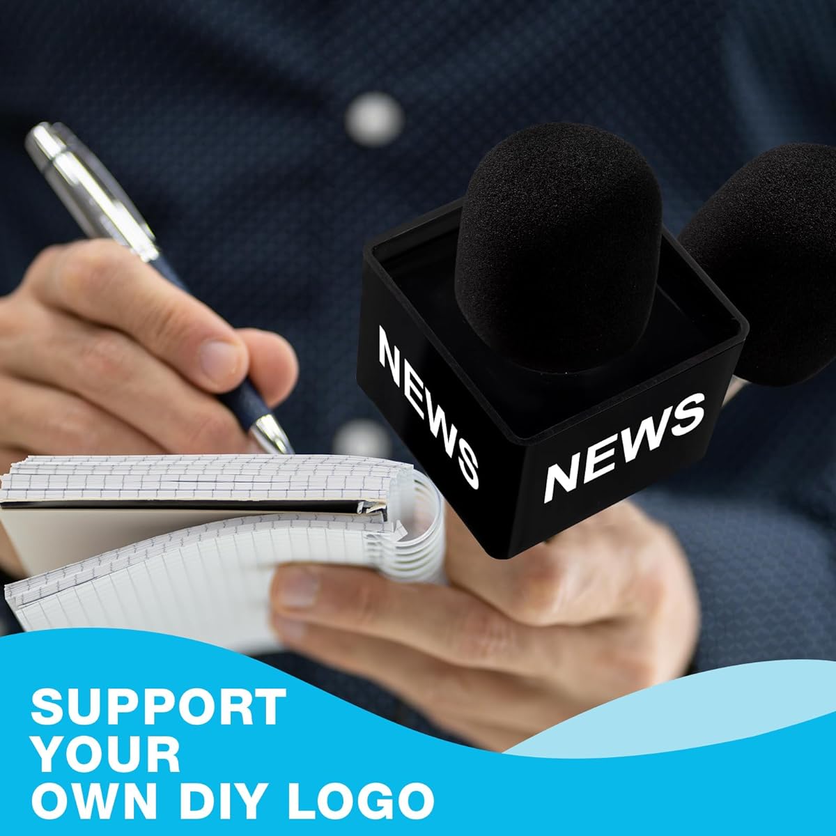 10Pcs Microphone Flag Station Portable Square Cube ABS Foam Mic Flag Logo Studio Equipment Mic Accessories for Reporter Host Interview (White, Black)