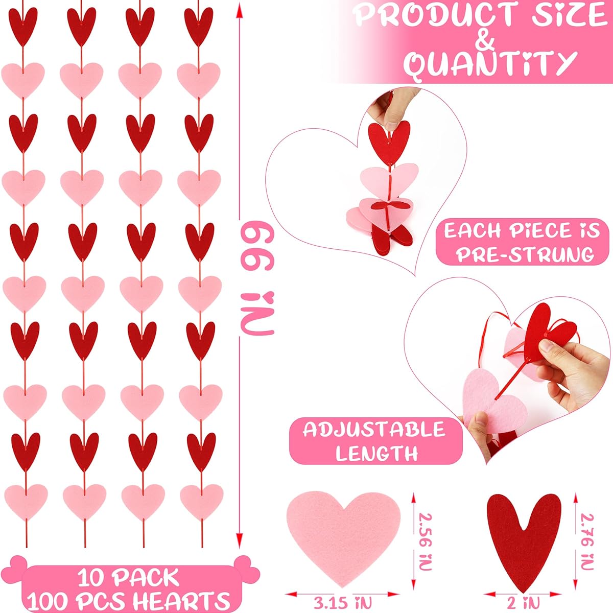 10pcs Red and Pink Hearts Valentine's Day Decorations