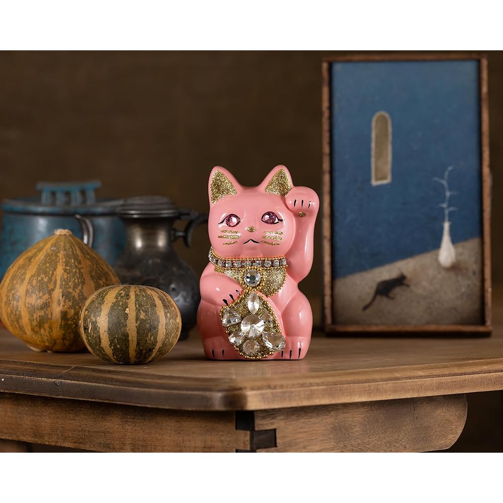 Lucky Cat Jewelry Cat (S-SIZE Pink) Left Hand Raised/Pottery_Lucky Cat Lucky Cat Maneki Cat Lucky Feng Shui Ornament Offerory Box (jw_S Peach