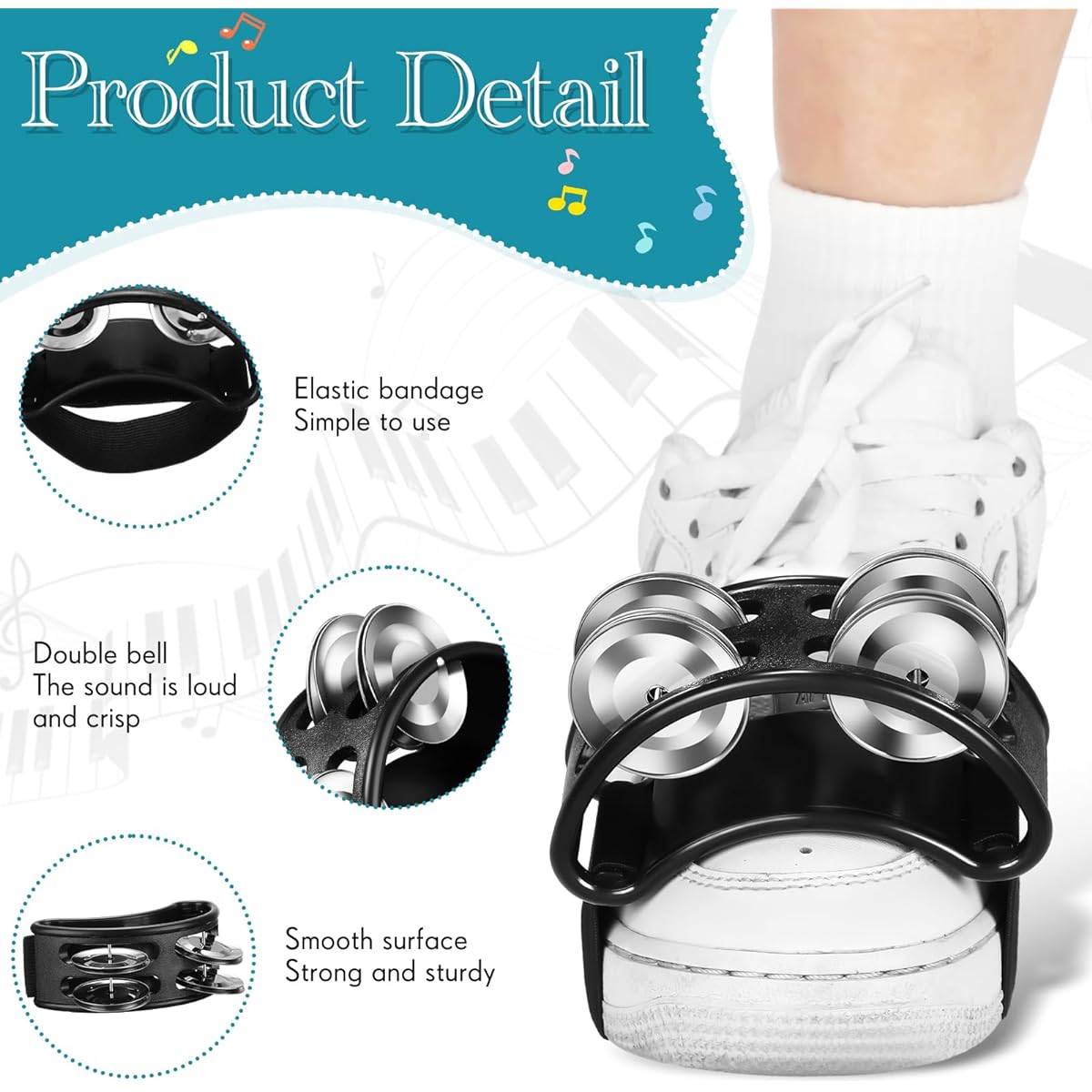 Lukmaa 4 Pieces Foot Tambourine Percussion Musical Instrument Guitar Drum Foot Tapping Tambourine Christmas Metal Bell Rubber Strap Foot Percussion Shaker Adult Drum Kit Accessories