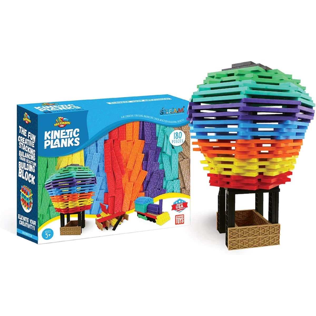 Bulk Dominoes Kinetic Domino Plank Stacking Building Top Ring Chain Reaction Domino Set for Kids and Creators (180 Pieces)