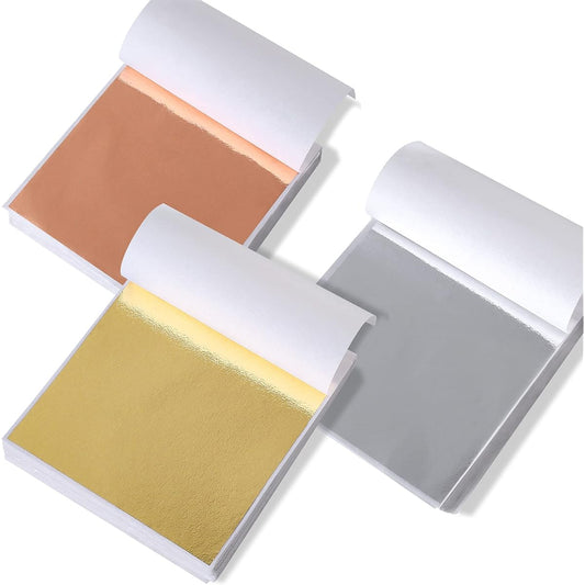 DECONICER 300 Sheets Metal Leaf Paper - Gold, Silver, Rose Gold 3 Mix Color Foils Perfect for Wall Table Art Decor Crafts Frame DIY Nails Furniture 3.15 x 3.55 Inch