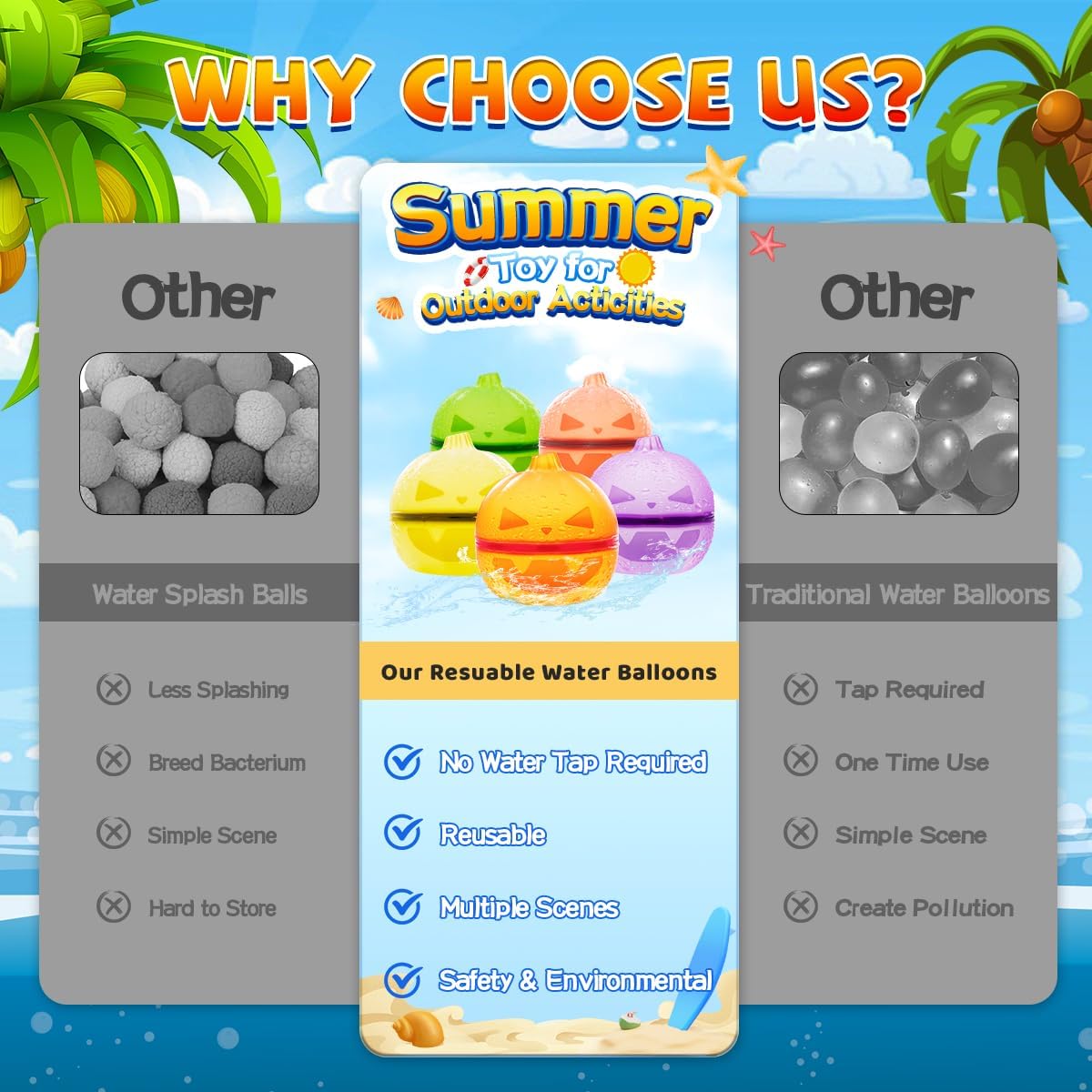 Hiliop Reusable Water Balloons Quick Fill & Self Seal Latex Free Silicone Magnetic Splash Water Balloons for Kids