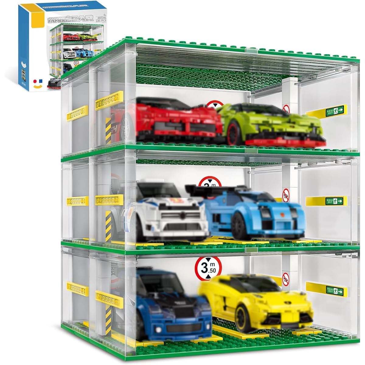NEWABWN Creative 3-Storey Building Blocks Garage Display Function Compatible with Mainstream Building Toy Brands (130 Pieces) Perfect for 8-Tier Wide Building Blocks Cars (Cars Not Included)