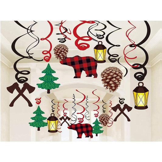 15Ct Lumberjack Hanging Swirl Decorations - Bear Hazelnut Pine Log Light Ax Kerosene Lamp Lumberjack Birthday Party Supplies Theme Party