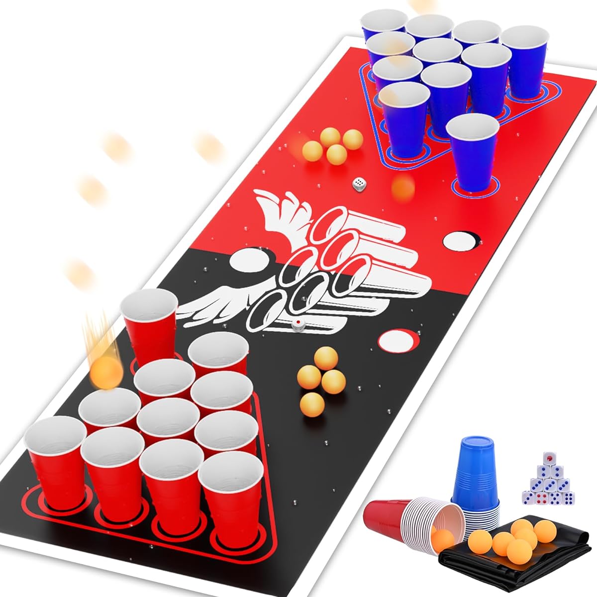 GOLDGE Toss Game for Adults 16oz Plastic Party Cups, Fun Cup Pong Game Set, Party Games for Adults, 30 Pong Cups, 1 Mat, 8 Ping Pong Balls