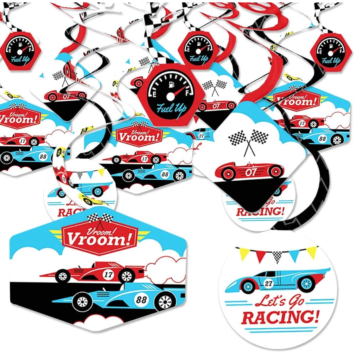 Big Dot of Happiness Let's Go Racing - Racecar - Race Car Birthday Party or Baby Shower Hanging Decorations - Party Decor Swirls - Set of 40