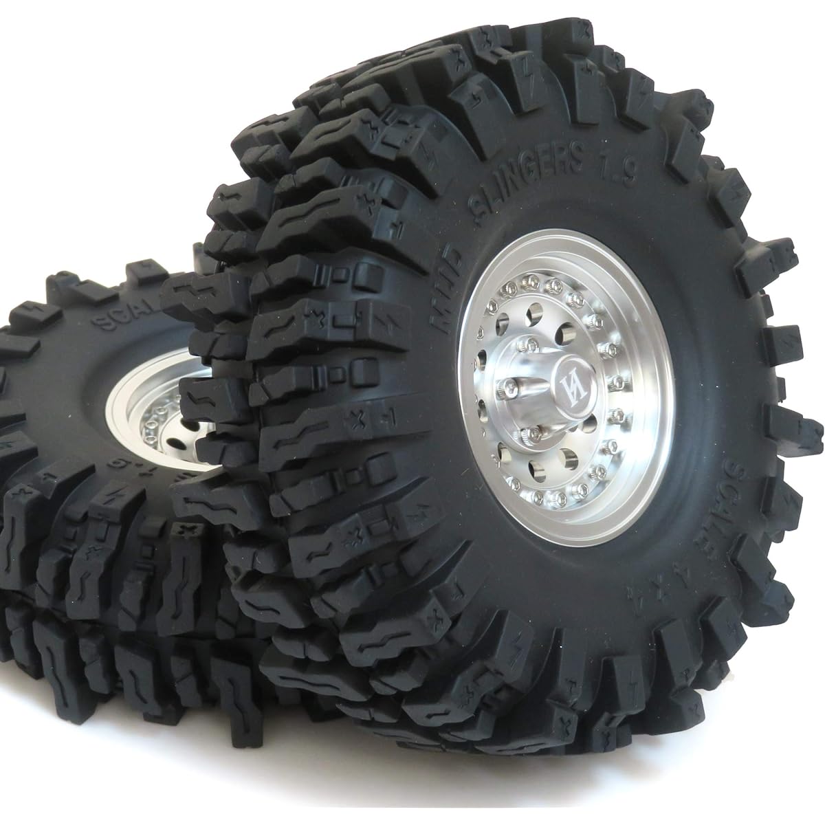 RC 1.9 Mud Slinger Tires Super Grip Tires 120mm/4.72inch Height & Aluminum Alloy 1.9 Heavy Duty Beadlock Wheel Rims Silver Color Hexagon 12mm