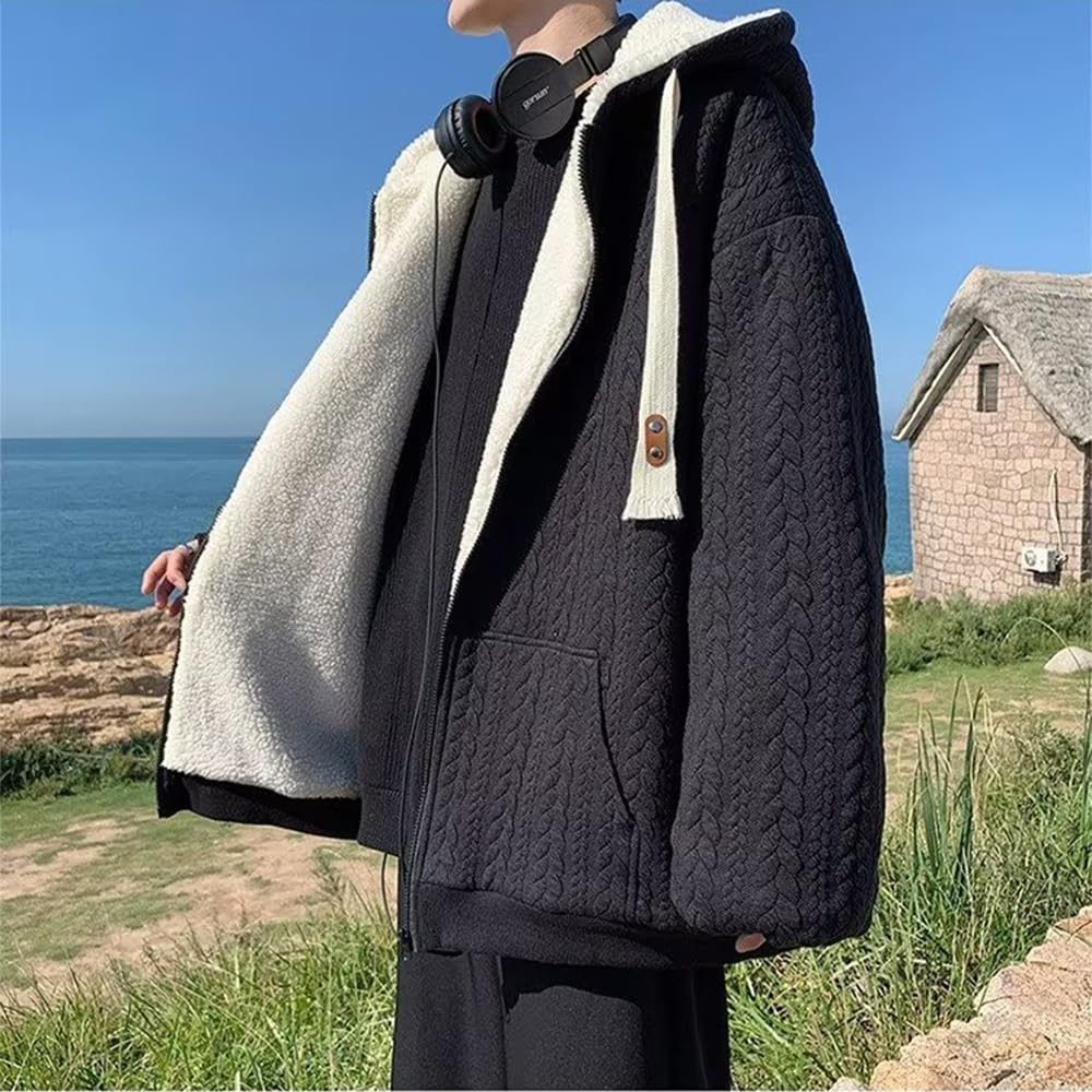 [Anzn] Men's Parka, Brushed Lining, Spring, Autumn, Winter Parka, Long Sleeve, Hooded, Cool, Zip-up Coat, Cardigan, Men's, Stylish, Casual, Coat, Jersey