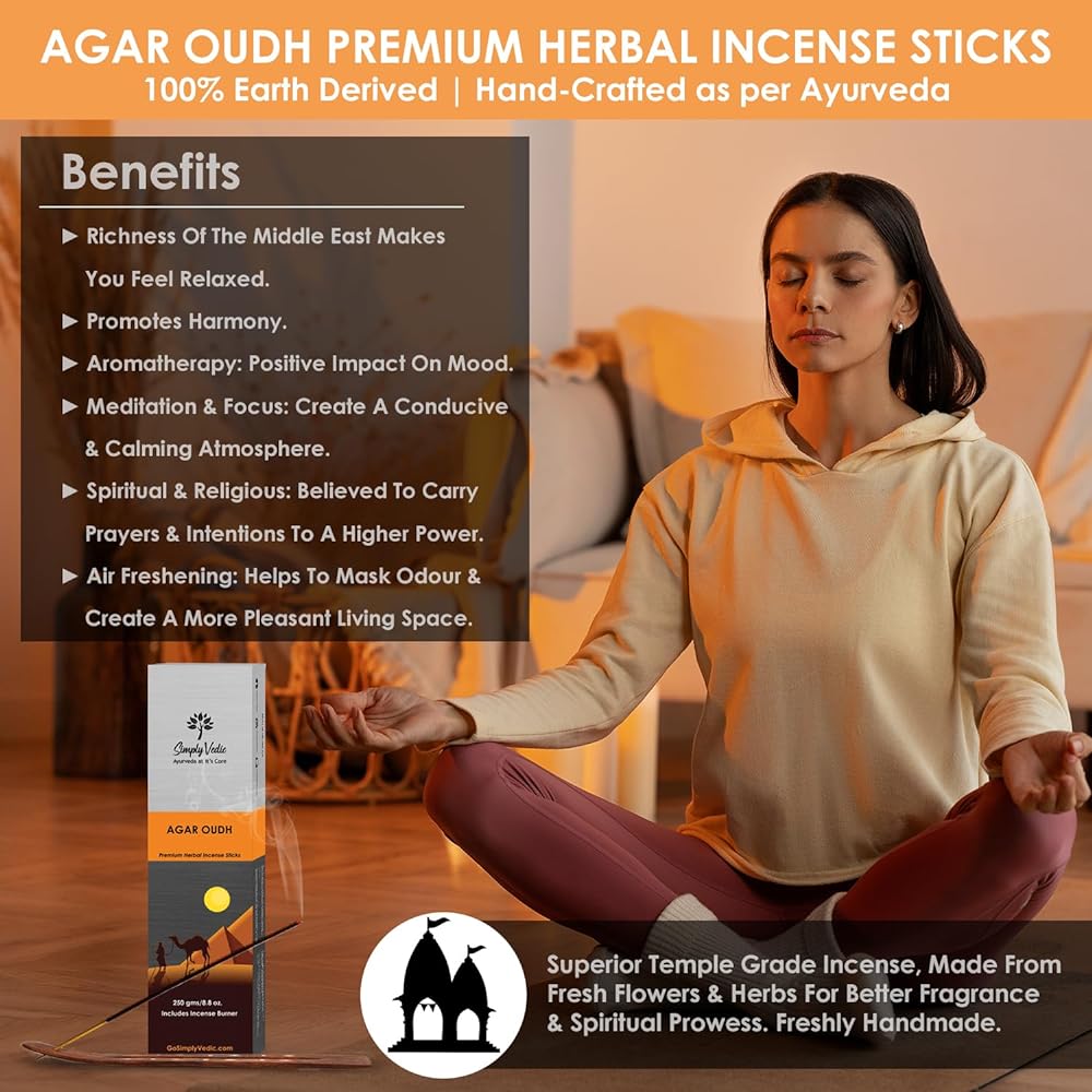 Simply Vedic AGAROUDH Premium Incense Agarwood 250g/8.8oz (Approx. 135 Charcoal Free): Free Wooden Holder: Meditation, Yoga, Spiritual Healing, Prayer, Aromatherapy Energy Cleansing