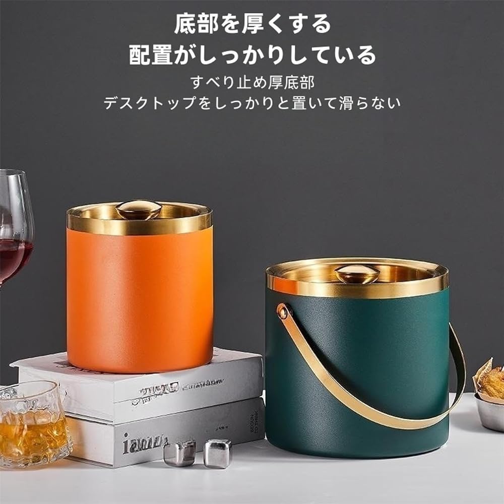 Ice Bucket, Non-melting, Double-walled, All Stainless Steel Construction, Ice Bucket, Stainless Steel, Ice Container, Vacuum Insulated, With Handle and Lid, For Cold Storage, 2L, 3L, Large Capacity, Professional Use, Home Use, Commercial Use (3L, C)