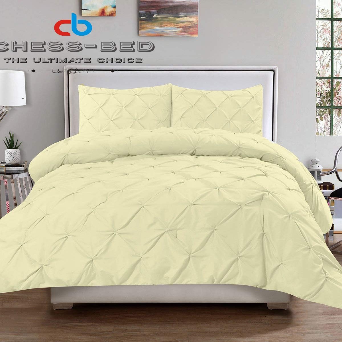 Chess Bed 100% Natural Egyptian Cotton 600 Thread Count Hypoallergenic Pinch Pleated Pintuck Duvet Cover with Button Closure and 2 Pillow Shams, Super King 98x108