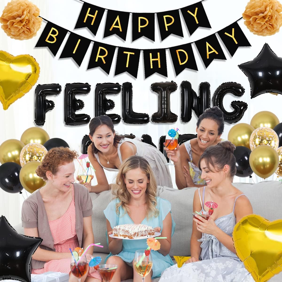 29 Birthday Decorations for Men and Women Black Gold 29 & Feeling Fine Birthday Decorations Star Heart Foil Balloons Happy Birthday Banner Whiskey Foil Balloons for 29th Birthday Decorations