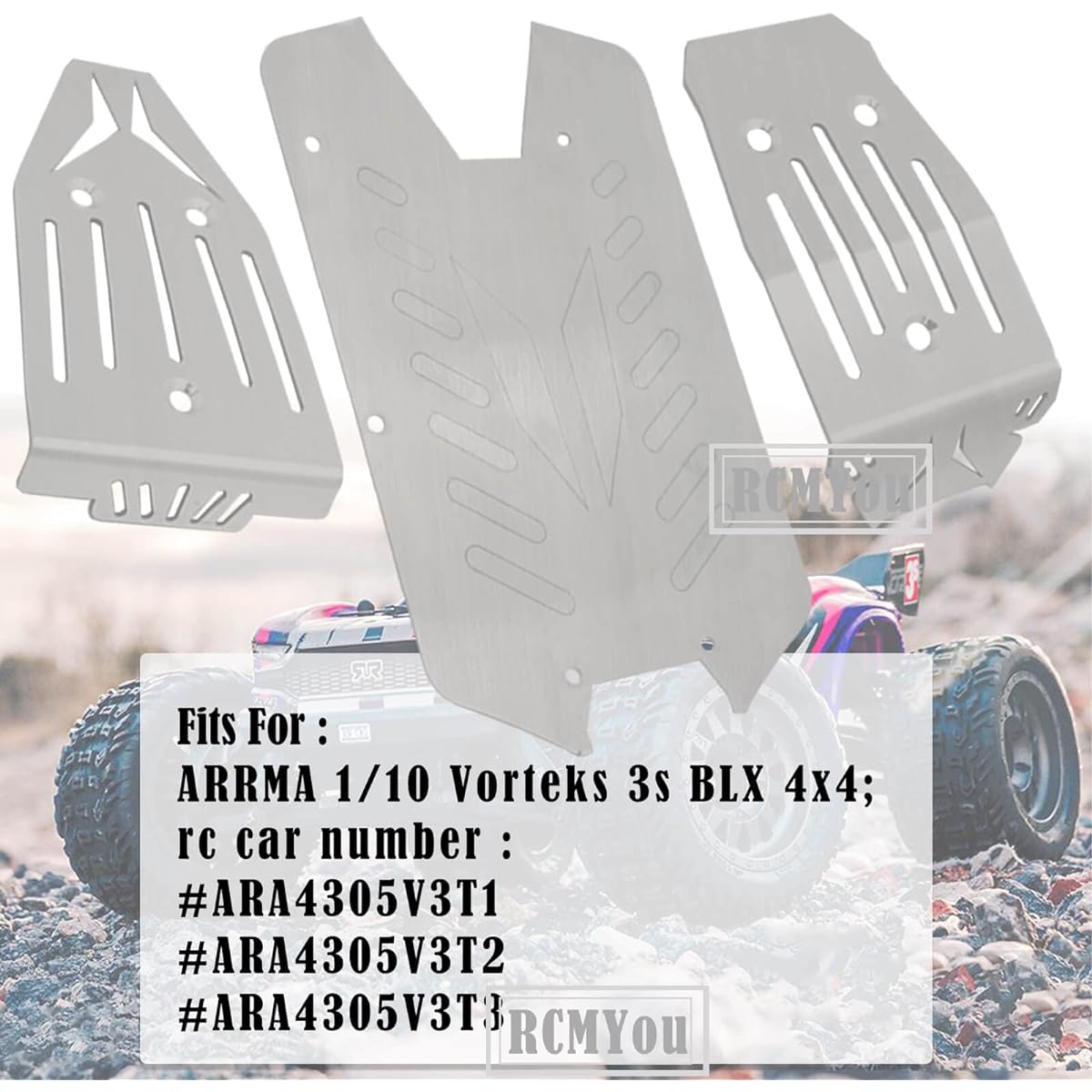 RCMYou Stainless Steel Front Center Rear Chassis Armor Skid Plate Set for 1/10 Arrma Vorteks 4x4 3S Blx 4WD RC Upgrade Parts Front Chassis & Center Chassis & Rear Chassis Hop Up Silver 2022 Upgrade