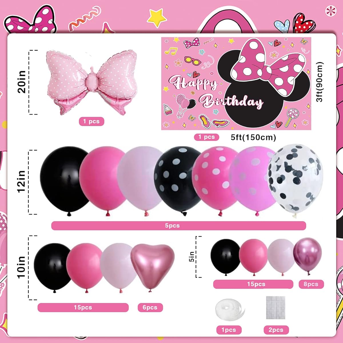 5x3ft Pink Mouse Backdrop Girl Birthday Party Decorations Supplies Bow Balloon Arch Garland Kit Baby Shower Photo Booth Studio Props
