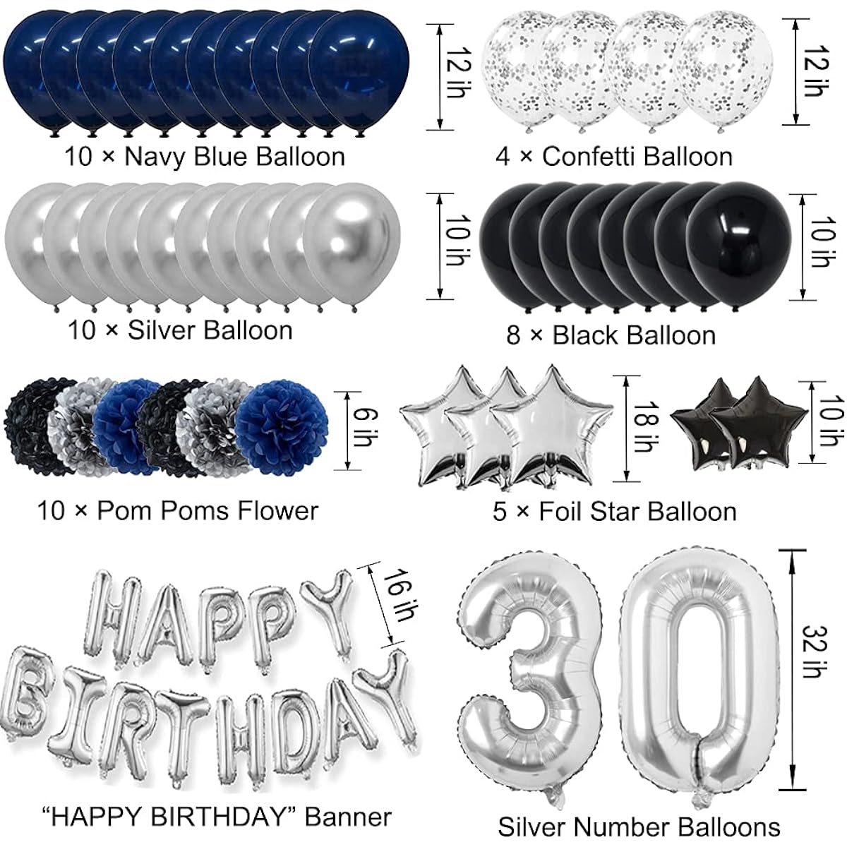 RBYOO 30 Years Old Blue Birthday Decorations for Men Boys Women Girls Navy Blue Black Silver Happy Birthday Party Supplies with Pom Poms Flower Confetti Balloons 30 Foil Number Balloons Happy Birthday Banner