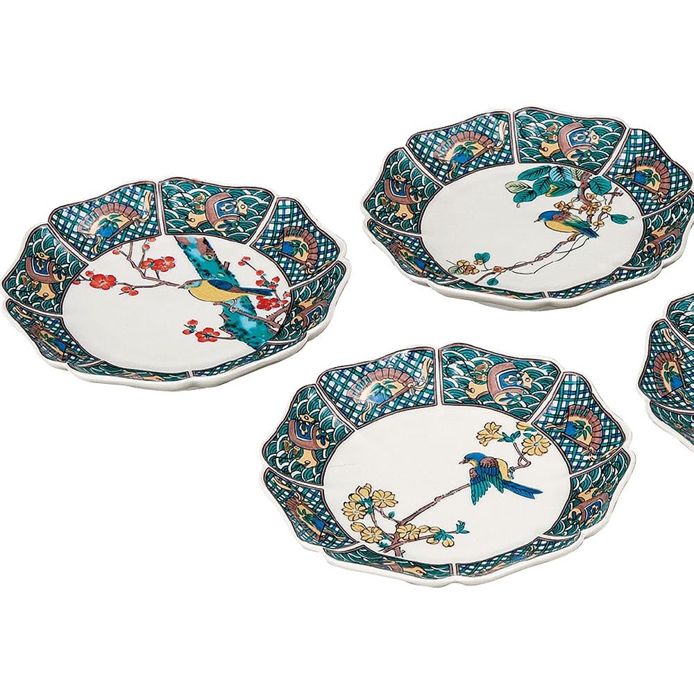 Japanese tableware, Kutani ware, set of 5 small plates, flower and bird pictures, AK5-0109