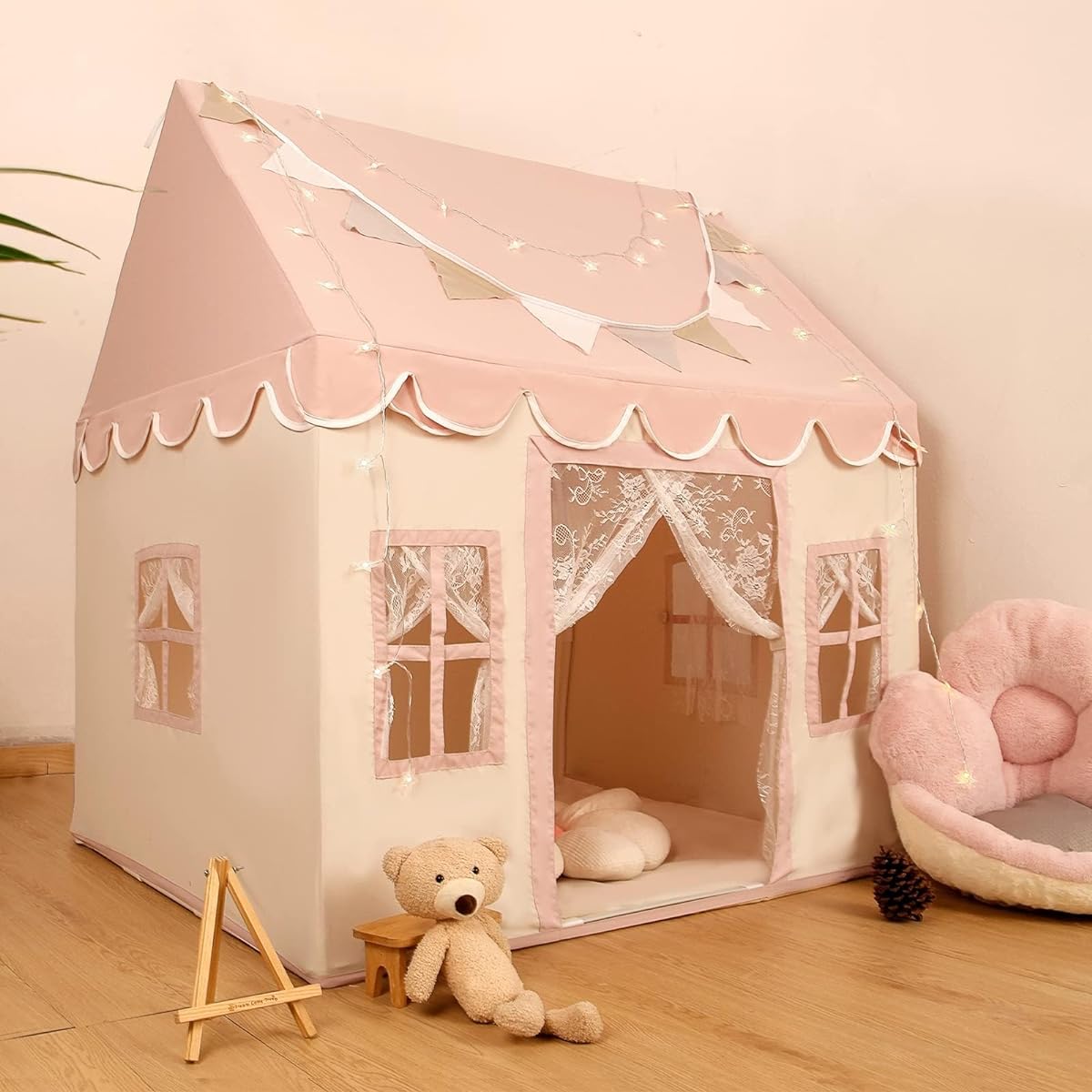 Kids Play Tent with Non-Slip Mat, Starlight Decorative Flags, Lace Curtain Playhouse with 4 Windows, Machine Washable, Indoor and Outdoor Play Tent for Kids Girls, Pink, 47" x 40" x 52"