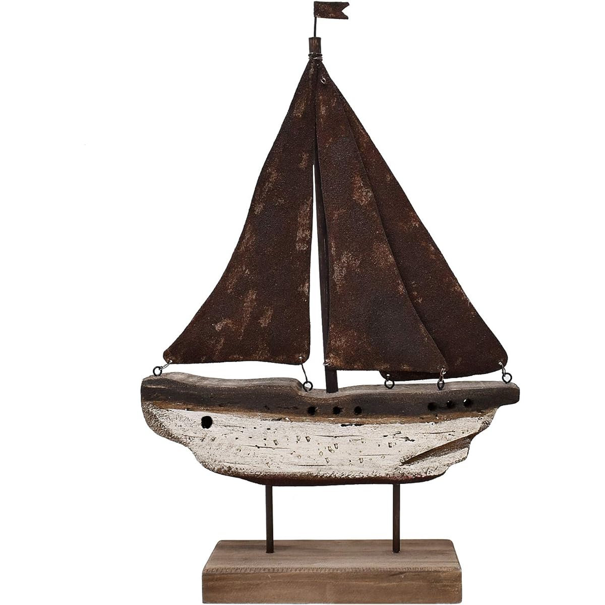 Nautical Wood Yacht Table Top Ornament Handmade Rustic Wooden Boat Decor Decorative Sailing Boat Model Beach Theme Home Decor (15" Tall)
