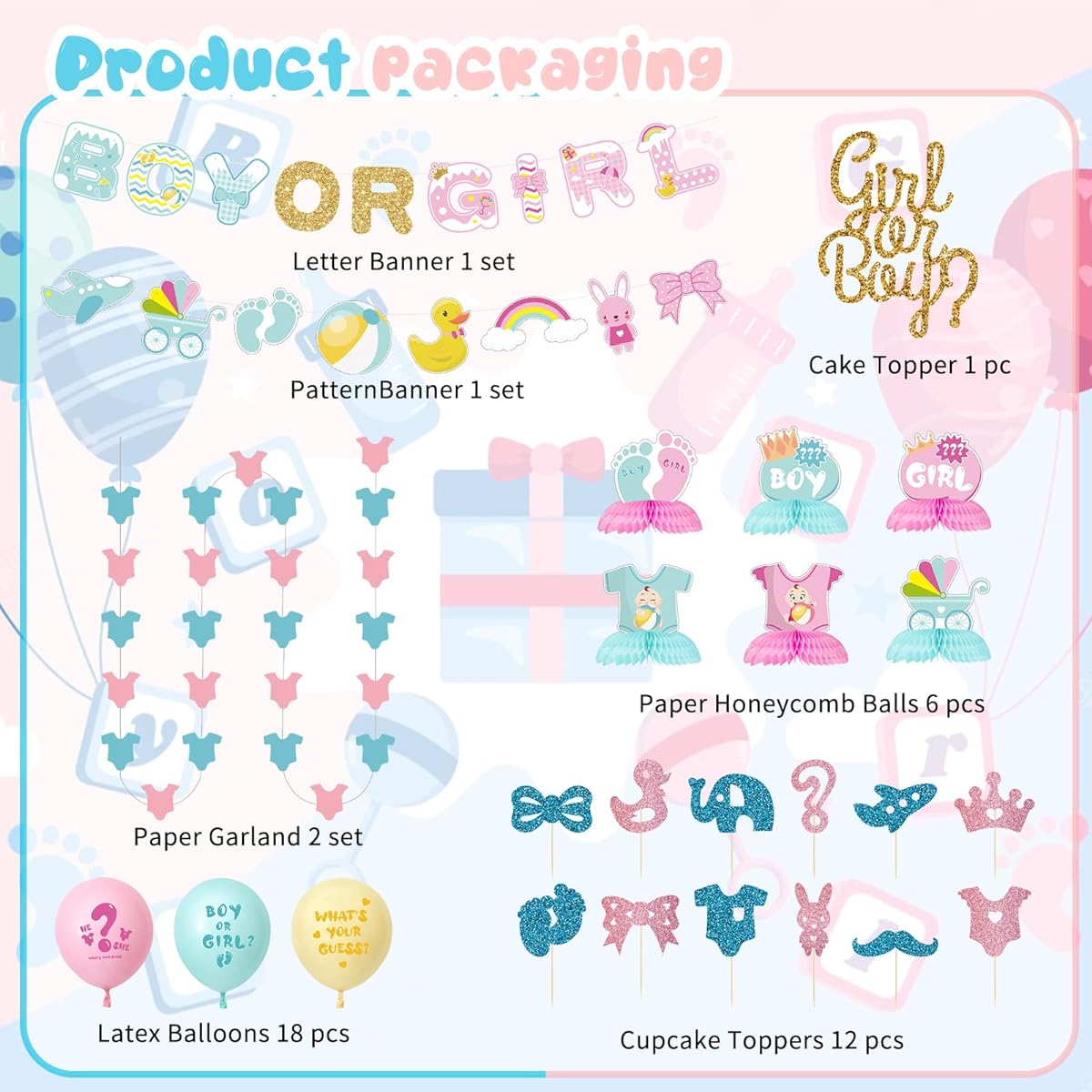Gender Reveal Party Decorations Baby Shower Honeycomb Centerpieces Kids B-Day Banner Flags Confetti Latex Balloons Cake Cupcake Toppers Photo Props Boy or Girl Party Decor Favors Supplies
