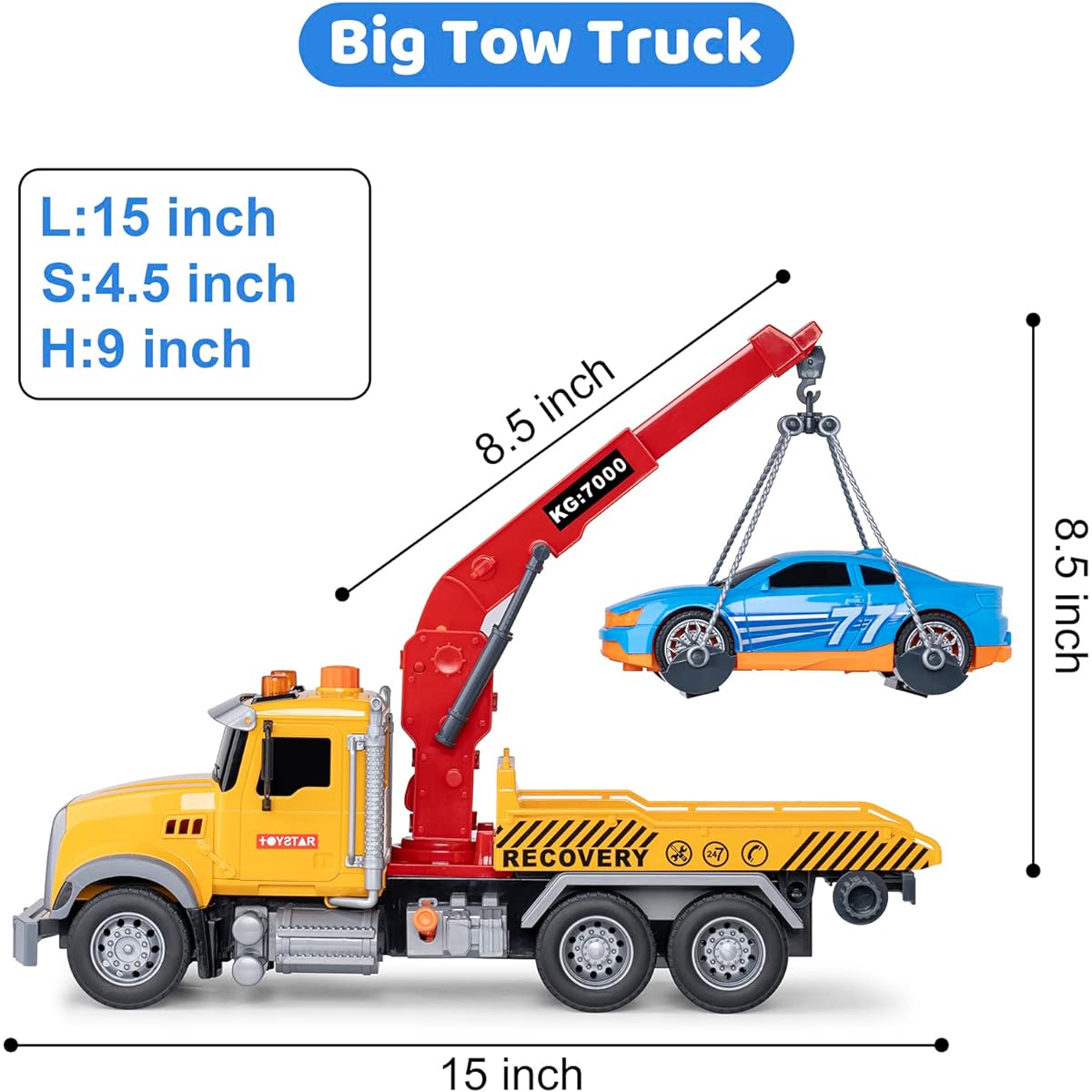 haomsj Big Tow Truck Toy Truck with Hook and Cars for Boys Pull Back Truck with Lights and Sounds for Kids (1:18 Plastic Tow Truck)