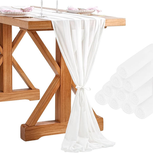 10ft Chiffon Table Runner, 10 Pieces 27x120inch White Wedding Table Runner Rustic Sheer Table Runner for Bridal Shower Party Cake Table