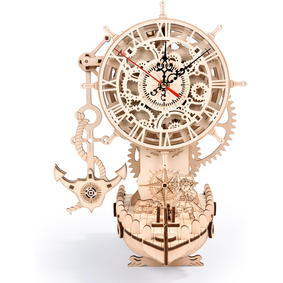 3D Wooden Pirate Ship Mechanical Clock Puzzle Kit, Model Building Kits for Adults, DIY Projects, 3D Wooden Puzzles, Wooden Crafts for Mechanical Engineering, Hobbies Gifts for Adults/Teens, Home Decoration