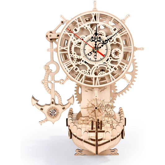 3D Wooden Pirate Ship Mechanical Clock Puzzle Kit, Model Building Kits for Adults, DIY Projects, 3D Wooden Puzzles, Wooden Crafts for Mechanical Engineering, Hobbies Gifts for Adults/Teens, Home Decoration