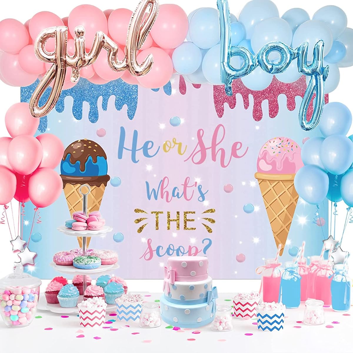 Hombae Whats The Scoop Gender Reveal Decorations, Whats The Scoop Baby Shower Party Supplies Kit, He or She Whats The Scoop Backdrop with Blue and Pink Balloon Garland Arch Kit