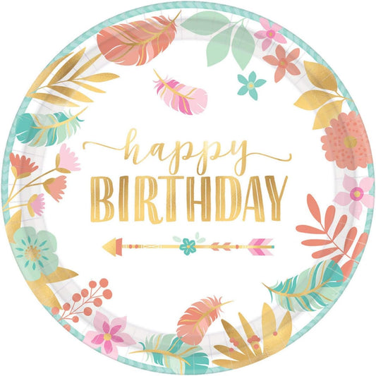 Amscan International 592106 Paper and Plastic Tableware Plate Mt Boho Birthday Girl 27cm