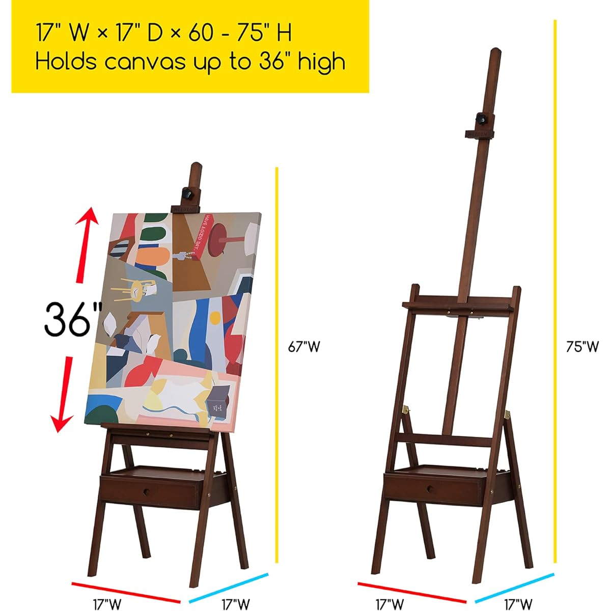 MEEDEN Studio H-Frame Easel with Art Supply Storage Drawer Adjustable (60"-75") Solid Beech Wood Easel Stand for Artists Students Adults Holds Canvas Art up to 35" Walnut