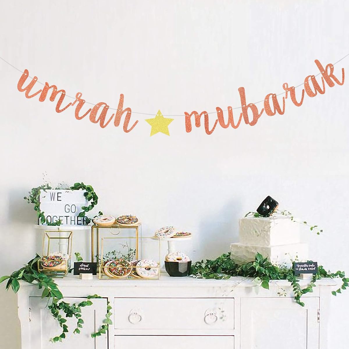 Umrah Mubarak Rose Gold Glitter Paper Banner Mubarak Decorations Ramadan Party Decoration Supplies