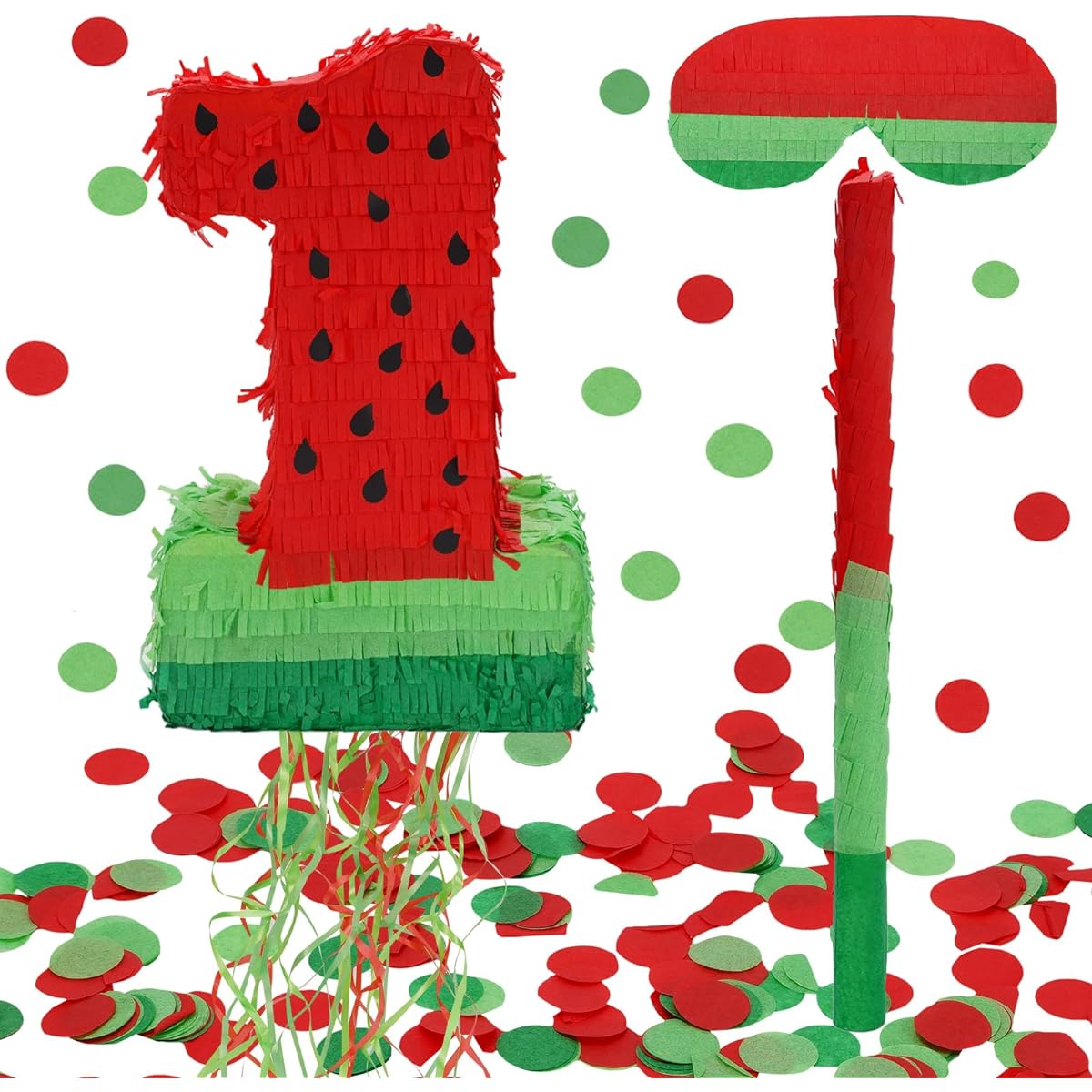 Whaline Number 1 Pinata Set with Stick, Blindfold, Confetti, Watermelon Pinata, Small, Cute Pinata, Summer, Birthday, Anniversary, Celebration, Party, Souvenir, Game Decoration