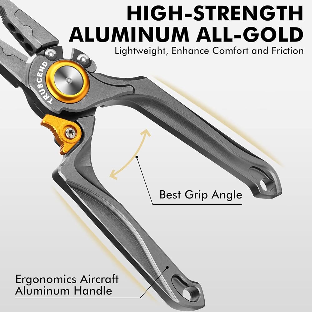 TRUSCEND Denmori [Made of aviation aluminum, with lock] Fishing pliers with safety rope, fishing pliers, PTFE coated, rust-proof, corrosion-resistant, wear-resistant, multi-functional, saltwater, hook remover, needle remover, line cutter, stainless steel