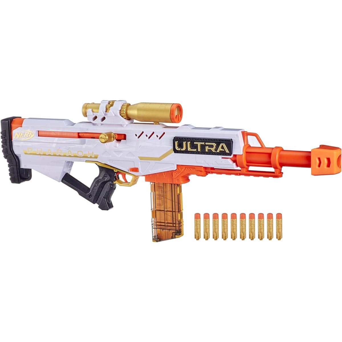 NERF Ultra Pharaoh Blaster with Premium Gold Accents, 10-Dart Clip, 10 Ultra Darts, Bolt Action, Compatible Only Ultra Darts