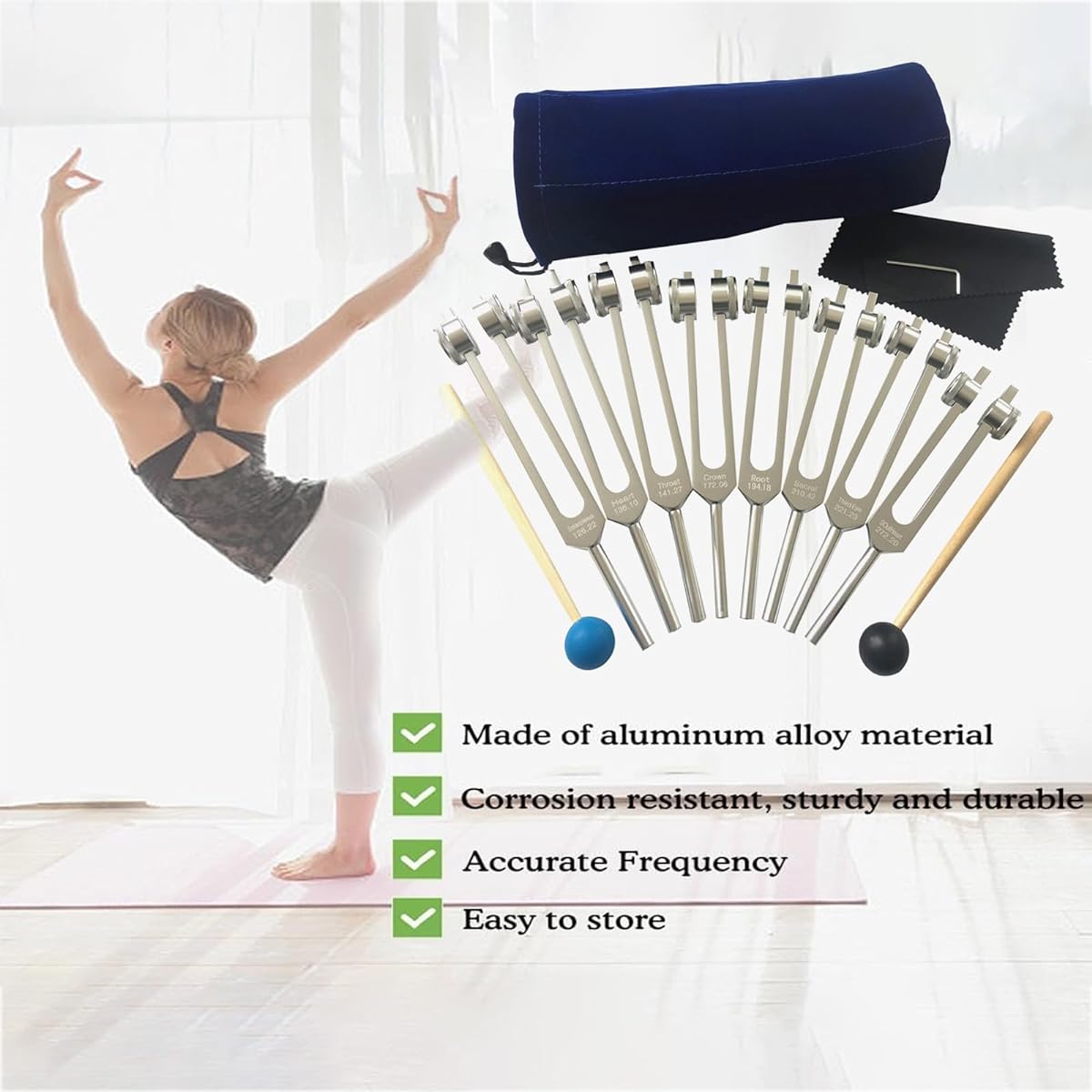 Chakra Tuning Fork Set for Healing, 8 Pieces Silver Chakra Tuning Forks for Meditation with Silicone Hammer