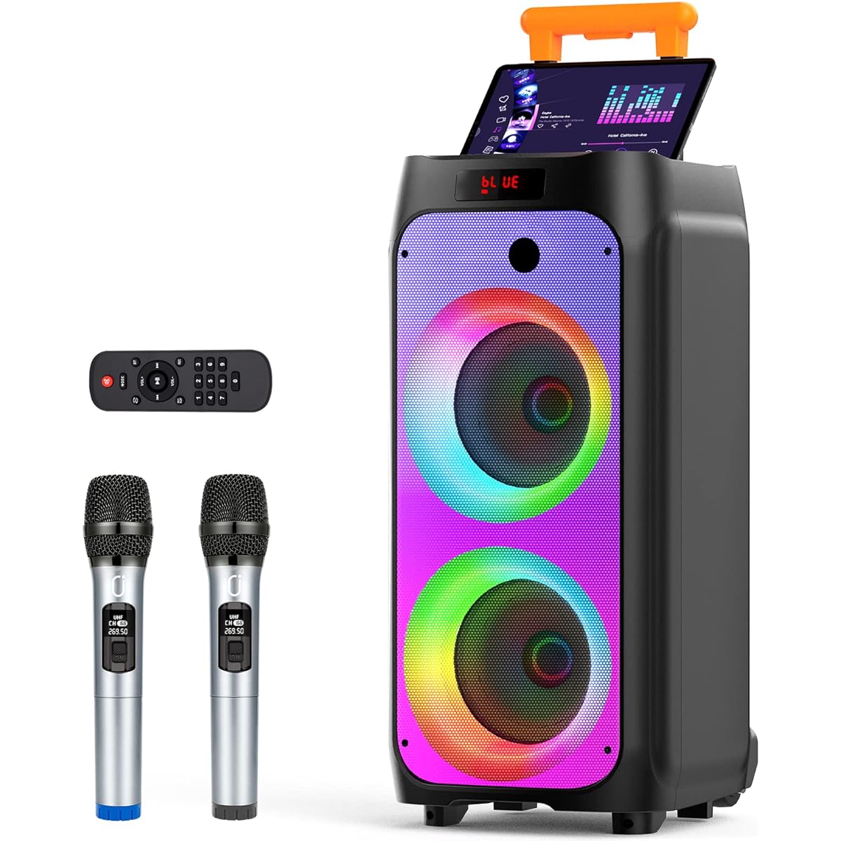 JYX Wireless Microphone Speaker Set with 2 Microphones, Equipped with Bass Enhancement Function, Rechargeable, Suitable for Karaoke, Street Speech, Events, etc.